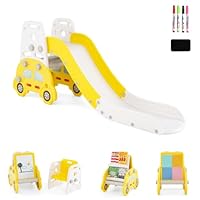 BABY JOY 5 in 1 Convertible Toddler Slide Set, Easel for Kids with Stool, Book Rack, Double-Sided Magnetic Dry Erase & Building Block Board, Foldable Slide and Climber Playset for Boys Girls (Yellow)