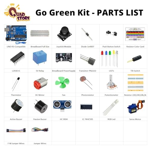 Image of Quad Store GoGreen Lets Go Green Basic Starter Kit compatible with Arduino Uno R3 | Create interactive automation & robotics projects. Learn Basic Electronics and Coding