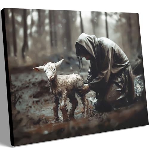 Image of GUN SUPPLIES OUTLET LLC Jesus and Lamb Canvas Wall Art Jesus Rescues Lost Lamb Picture Wall Art Canvas Print Christian Home Decor 12x16 inch