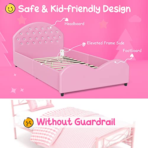 Honey Joy Kids Twin Bed Frame With Headboard, Toddler Upholstered Platform Bed With Slatted Bed Base, No Box Spring Needed, Princess Wooden Single Bed For Baby Girls, Twin Size In Pink #TOP7