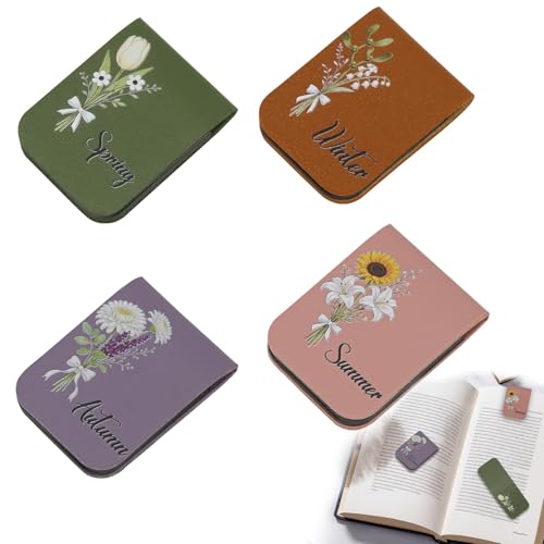 4PCS Magnetic Personalized Bookmarks for Reading Women Leather Magnetic Bookmarks Set with Four Seasons Floral Designs - Cute Reading Gifts for Book Lovers Teachers Readers