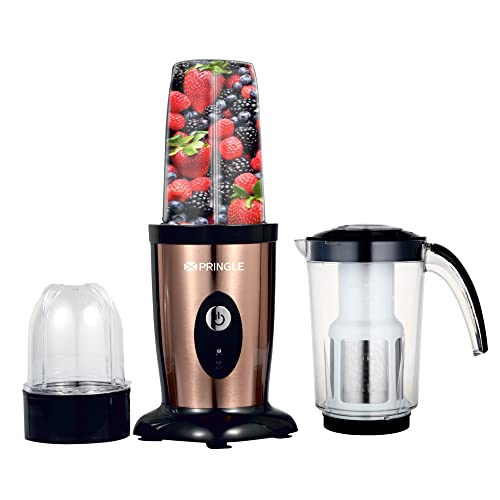 Pringle High Speed Nutri Blender/Mixer/Smoothie | 22000 RPM 100% Pure 450 Watt Copper Motor450-Watt || Blender Juicer | 3in1 Grind, Mix, Blend| Stainless Steel Blades | 3 Unbreakable PC Jars | 2 Years Warranty on Motor | Gold