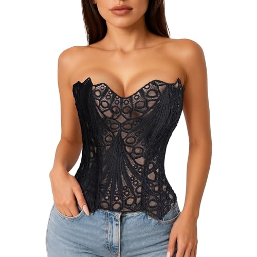 LEACOOLKEY Lacework Corset Top for Women Sexy Textured Sheer Floral Lace Bustier Going Out Lace-up Corset Overbust Top