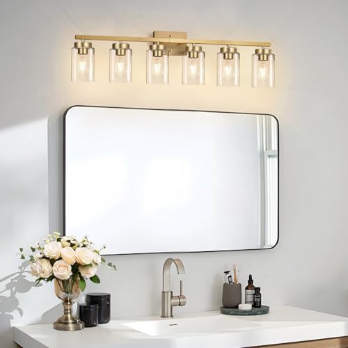 Image of IZORRO Bathroom Light Fixtures, Modern Vanity Lights, Bathroom Lighting Fixtures Over Mirror with Clear Glass Shade, Wall Sconce for Living Room Cabinet Bedroom (Brushed Gold, 6-Light)