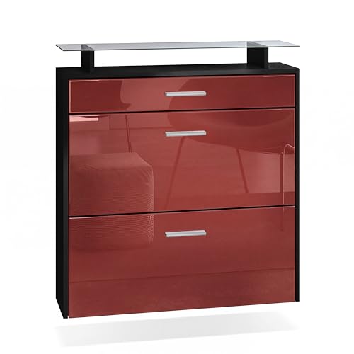 Vladon Meuble Chaussures Malea, Armoire à Chaussures Murale pour 16 Paires avec 2 clapets, 1 tiroir et 1 Tablette en Verre, Noir Mat/Bordeaux Haute Brillance...