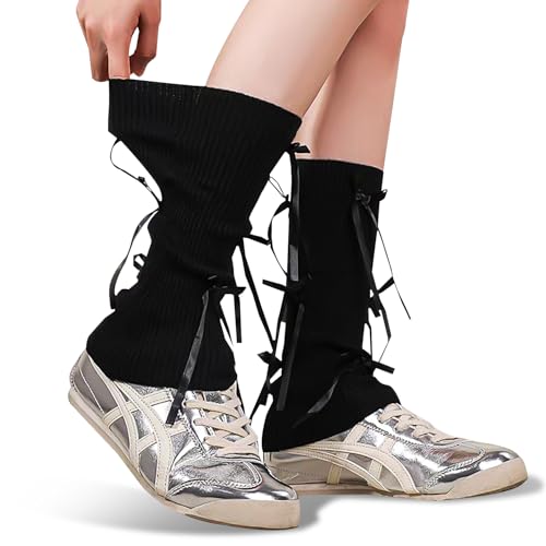 Image of Leg warmers Y2k Wind with bow lace-up knit Harajuku Kawaii leg warmers accessories 80's vintage high leg socks