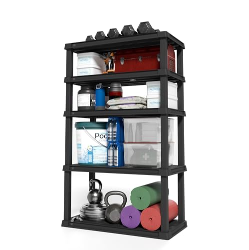 IRIS USA 5-Shelf Heavy Duty Plastic Storage Shelves, 750lb Capacity, 68" H x 36" W x 18" D, Large Modular Shelving Unit Storage Organizer for Garage, Home, Warehouse & Gym, Storage Rack - Black