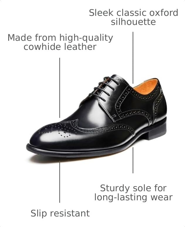 Image of Men's Dress Shoes, Genuine Leather Oxford Shoes for Men, Wingtip Brogue and Plain Toe Lace Up Formal Business Wedding Derby Shoes