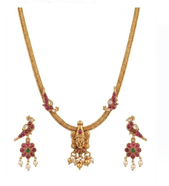 Traditional South Indian Antique Gold Plated Tirupati Balaji Pendant Temple Jewelry Set with Bird Motif Necklace and Matching Parrot Earrings for Women | Religious Wear | Ruby & Emerald Stone Studded with Pearl Drops-image-8