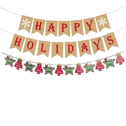 Happy Holidays Banner Kit, 2 Pieces Christmas Tree Bunting Garland, Xmas Holiday Welcome New Year Party Supplies Decorations for Home Office