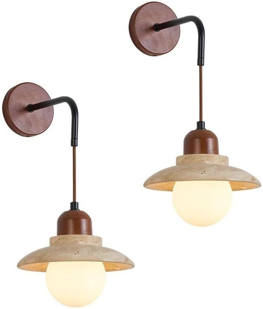 HXYSXHJUO Yellow Travertine Wall Sconce Solid Wood Decoration High Light Transmitting Glass Lampshade Stone Lamp Set Of 2 Wabi-Sabi Style Natural Room Art Lighting For Bedroom