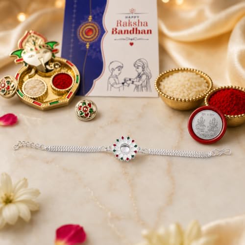Image of Oblivion Rakhi Set for Brother - Fancy Floral Rakhi for Brother with Ganesh Ji Pooja Thali, Pooja Coin, Roli Chawal & Card | Combo for Raksha Bandhan