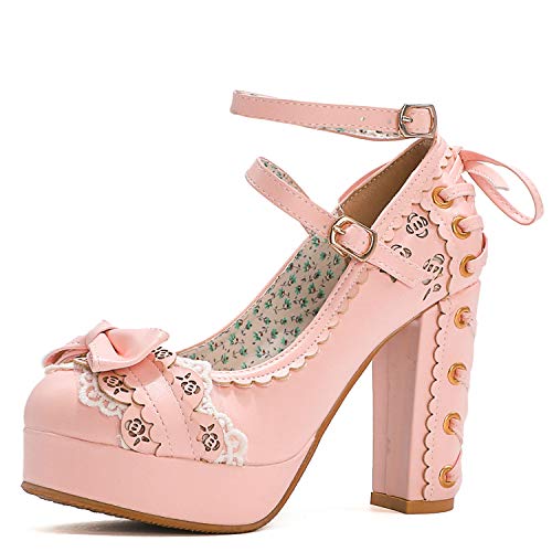 Women Fashion Block High Heels Ankle Strap Platform Maid Mary Jane Pumps Sweet Bownot Lace Lolita Princess Single Shoes