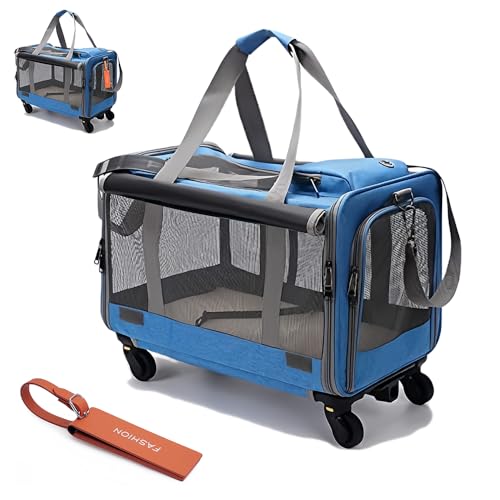 RoBeKaU 犬 猫 キャリー バッグ 猫 2匹用 キャリー キャスター付き ペット キャリーバッグ 小型犬 ソフトクレート3way 折りたたみ可 ショルダー 散歩 通院 ペット用品 (ブルー)