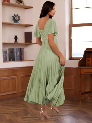 Miao Duo Women's Pleated Silk Satin Wedding Guest Dresses Elegant Short Sleeves Maxi Formal Dresses YZTS2892