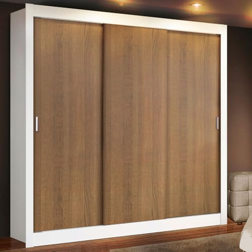 Image of Madesa 3 Sliding Doors Wardrobe Ample Storage Wooden Almirah 170 Cm with Shelves, Drawers and Hanging Units for Bedroom - White /Brown