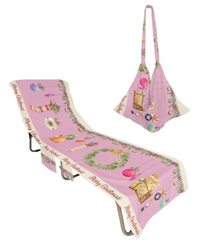Christmas Wreath Beach Chair Towel Covers for Chaise Lounge with Side Pocket, Soft Plush Pool Towels Cover for Patio Sunbathing Outdoor 29''x85'' Pink Xmas Stocking Balls Dots
