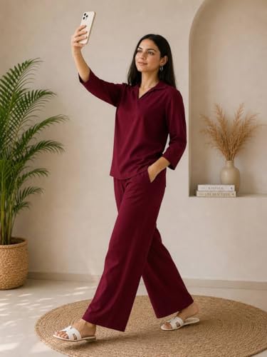 Image of Women's Co Ord Set for Women - Relaxed Fit Collared Top with 3 /4 Sleeves & Wide Leg Palazzo Pants, Casual Lounge Wear Matching Outfit for Daily Wear, Travel & Office