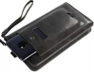 محفظة جلدية للجنسين بتصميم كلاسيكي باللون الأسود مع فتحات متعددة للبطاقات وحزام معصم