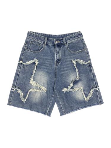 Sooluness Men's Pattern Embroidery Jean Shorts Casual Distressed Denim Shorts Summer Short Pants with Pockets (US, Alpha, X-Large, Regular, Regular, Blue Star)