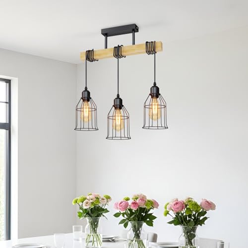 LVWIT Hängelampe Esstisch 3 Flammig, Höhenverstellbar Esszimmerlampe Pendelleuchte E27, Schwarz Deckenlampe Esszimmerlampe Hängend, Holz Balkenpendelleuchte Wohnzimmer Küche Bar