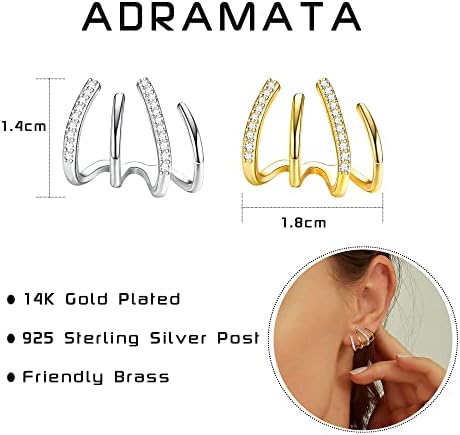 ADRAMATA 925 Sterling Silver Post Claw Earrings 14K Gold Plated Claw Earrings Cuff Simple Huggie Ear Wrap Piercing 4 Prong Wrap Earrings for Girls Friend