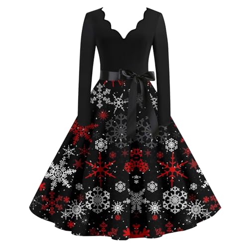 Weihnachtskleid Damen Elegant Langarm Weihnachts Kleider Lässig Langarm A Linie Mode V-Ausschnitt Weihnachtskleider Plaid Schneeflocke Gedruckt...
