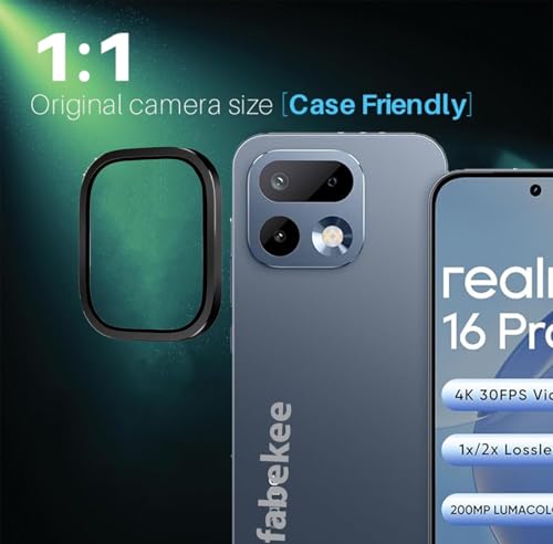 Image of FabeKee Tempered Glass Camera Lens Protector For realme 16 pro 9H Hardness, Full Coverage Anti Scratch Camera Metal Ring Black