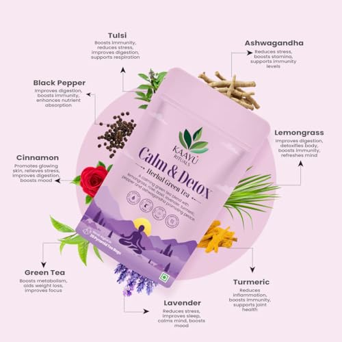 Image of Kaayu Rituals Calm & Detox Herbal Green Tea With Ashwagandha, Lavender & Tulsi | Antioxidant-Rich, Caffeine-Free Stress Relief Relaxation Tea | Promotes Better Sleep | 20 Pyramid Tea Bags (40g)