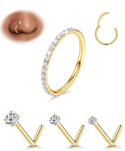 Image of 18G Nose Rings Hoop and 20g Nose Studs Sets for Women Men, Hypoallergenic 316L Surgical Steel Hinged Clicker Segment CZ Nose Hoops Double Hoop Nose Ring Septum Lip Helix Cartilage Daith Tragus Sleeper Earrings Gold Silver L Shape/Corkscrew Nose Studs Nostril Small Piercing Jewelry