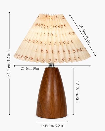 Image of Homesake Wood Grain Pattern Small Table Lamp, Desk Light, Wooden Bedroom Lamps for Nightstand, Scalloped Lamp Shade Table Lamps Small Spaces, Bedroom, Living Room, Taper Cone, (Pleated Floral)