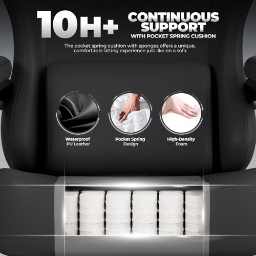 Image of GTPLAYER Big and Tall Gaming Chair 400lbs Heavy Duty Office Chair with Footrest, High Back Pocket Spring Ergonomic Computer Chair for Adults, Wide Cushion with Linkage Armrests,Leather Black-Massage