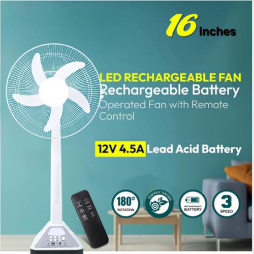 Image of Drumstone [𝟏𝟓 𝐘𝐄𝐀𝐑𝐒 𝐖𝐀𝐑𝐑𝐀𝐍𝐓𝐘 16 Inch LED Rechargeable Battery Operated Fan with Remote Control, Lead Acid Battery, 180 Rotation, 3 Speed Settings, and LED Light