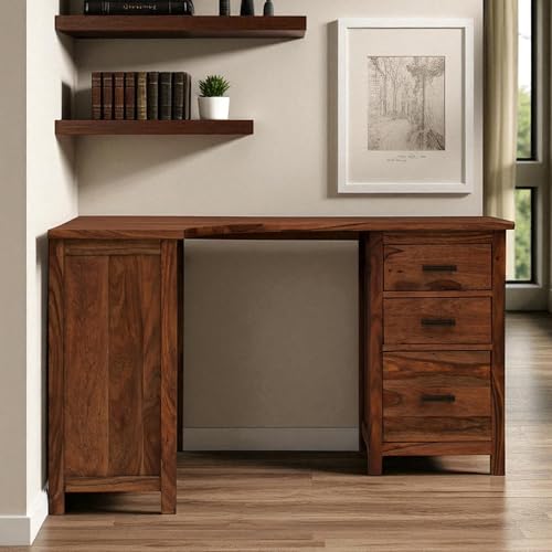 Image of The Attic Illinoi Study Table, Solid Sheesham Wood Left Corner Study Table, Honey Matt