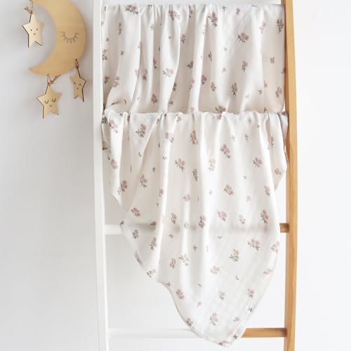 Image of LifeTree Baby Swaddle Blankets, Boys Girls Muslin Swaddling Wrap Receiving Blanket for Newborn, 70% Viscose from Bamboo and 30% Cotton, Large 47 inch x 47 inch, Pink Floral and Stripe