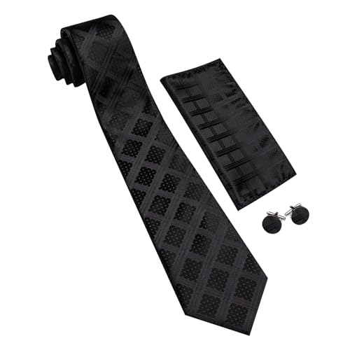 Image of Barry.Wang Designer Classic Ties for Men Set Formal Pocket Square Cufflink Check Plaid