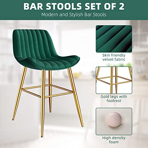 Sucrever Bar Stools Set Of 4, 24" Bar Chairs Velvet Counter Height Bar Stools With Back Gold Metal Legs&Footrest, Green Modern Bar Stools Barstools For Kitchen Counter Bistro Pub #TOP4