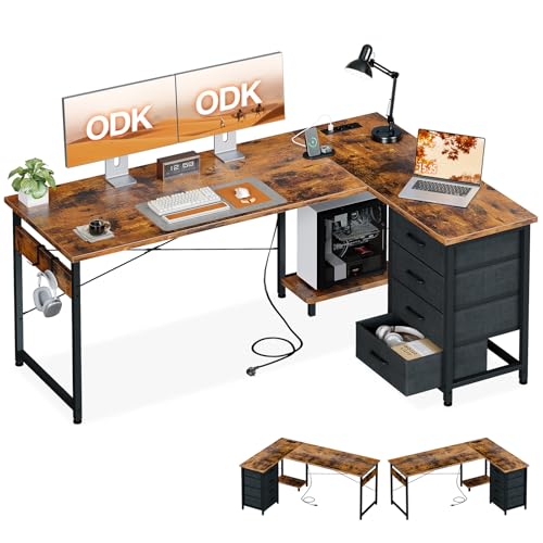 ODK Eckschreibtisch mit 4 Schubladen, 155×110 cm Schreibtisch L Form mit Steckdose und USB-Ladeanschluss, Reversibler Schreibtisch mit Stauraum für Büro Arbeitszimmer Schlafzimmer, Vintage-Braun