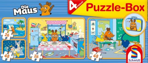 Schmidt Spiele 55597 Die Maus, 4 Kinderpuzzle im Metallkoffer, 2x26 2x48 Teile