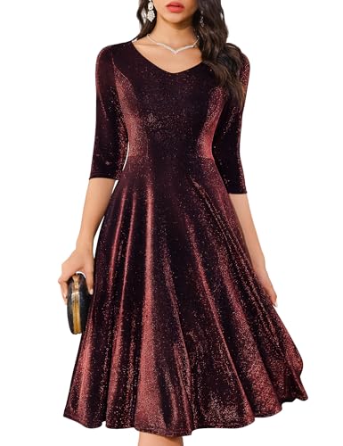 Dressystar Womens Glitter Velvet Midi Cocktail Dress Sparkly A Line Long Sleeves Wedding Guest Party Dresses with Pocket Burgundy M