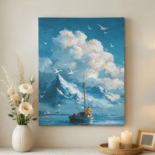 Toile murale océan abstrait bleu blanc tableau paysage marin décoration de maison