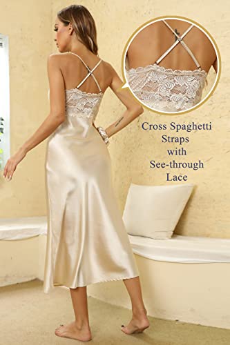 Alcea Rosea Womens Sleepwear Lace Lingerie Chemises V Neck Nightgown Sexy Long Sleep Dress Sleeveless Lace For Women Elegant (Champagne, Xl) #TOP2