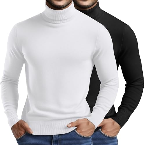 Riyiper 2 Pack Men's Turtleneck Sweater Slim Fit Knitted Basic Tops Lightweight Long Sleeve Ribbed Casual Pullover Top