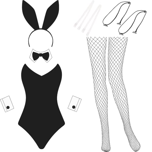 Geyoga Anime Women Bunny Costume Bunny Outfit Halloween Cosplay Bodysuit Role Costume Bunny Headband Stocking Set