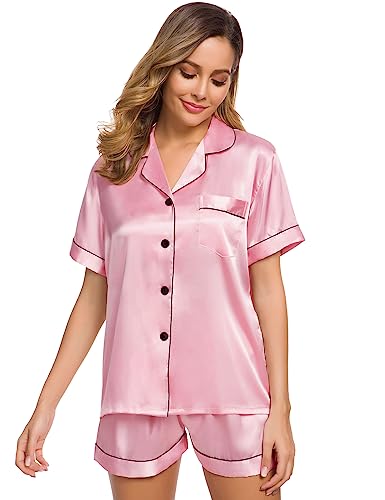 Image of SWOMOG Women Button Down Pajamas Set Short Sleeve Sleepwear Soft Nightwear Loungewear Carnation Pink