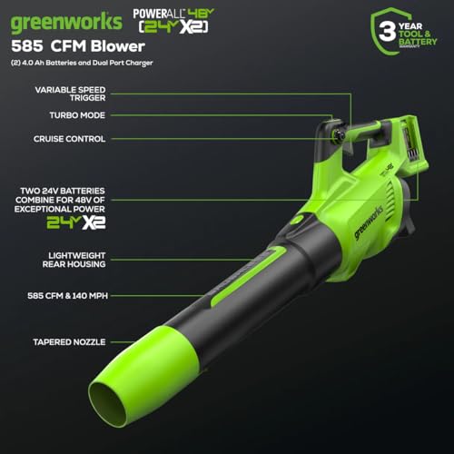 Image of Greenworks 48V Electric Leaf Blower, 585 CFM, (2) 4.0 Ah Batteries, Charger