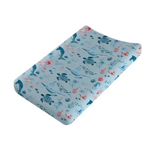Image of Nautical Animals Life Changing Pad Covers Sea Turtle Whale Jellyfish Sea Horse Weeds Unisex Diaper Change Table Sheets for Boys Girls Soft Breathable Stretch Changing Pad Sheets 32''x16'' Blue