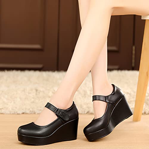 ANUFER Women's High Platform Wedge Heel Mary Jane Shoes Hook&Loop Ankle Strap Leather Pumps4