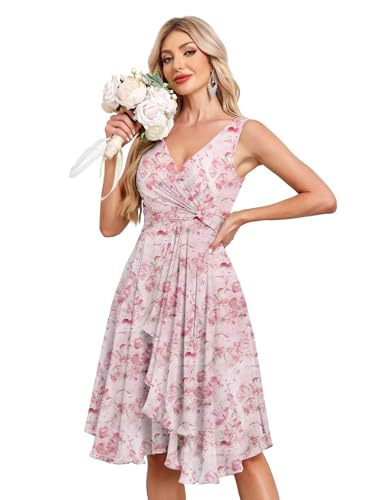 Image of Women's V Neck Short Bridesmaid Dresses 2025 Ruched Waist A Line Chiffon Formal Cocktail Party Dress