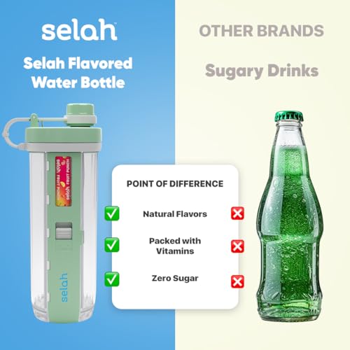 Selah - Flavored Water Bottle - Vitamin Infused Sugar Free Water Enhancer 20 oz Water Bottle with Flavor Pods Included, Energy Drinks, Strawberries & Beverages
